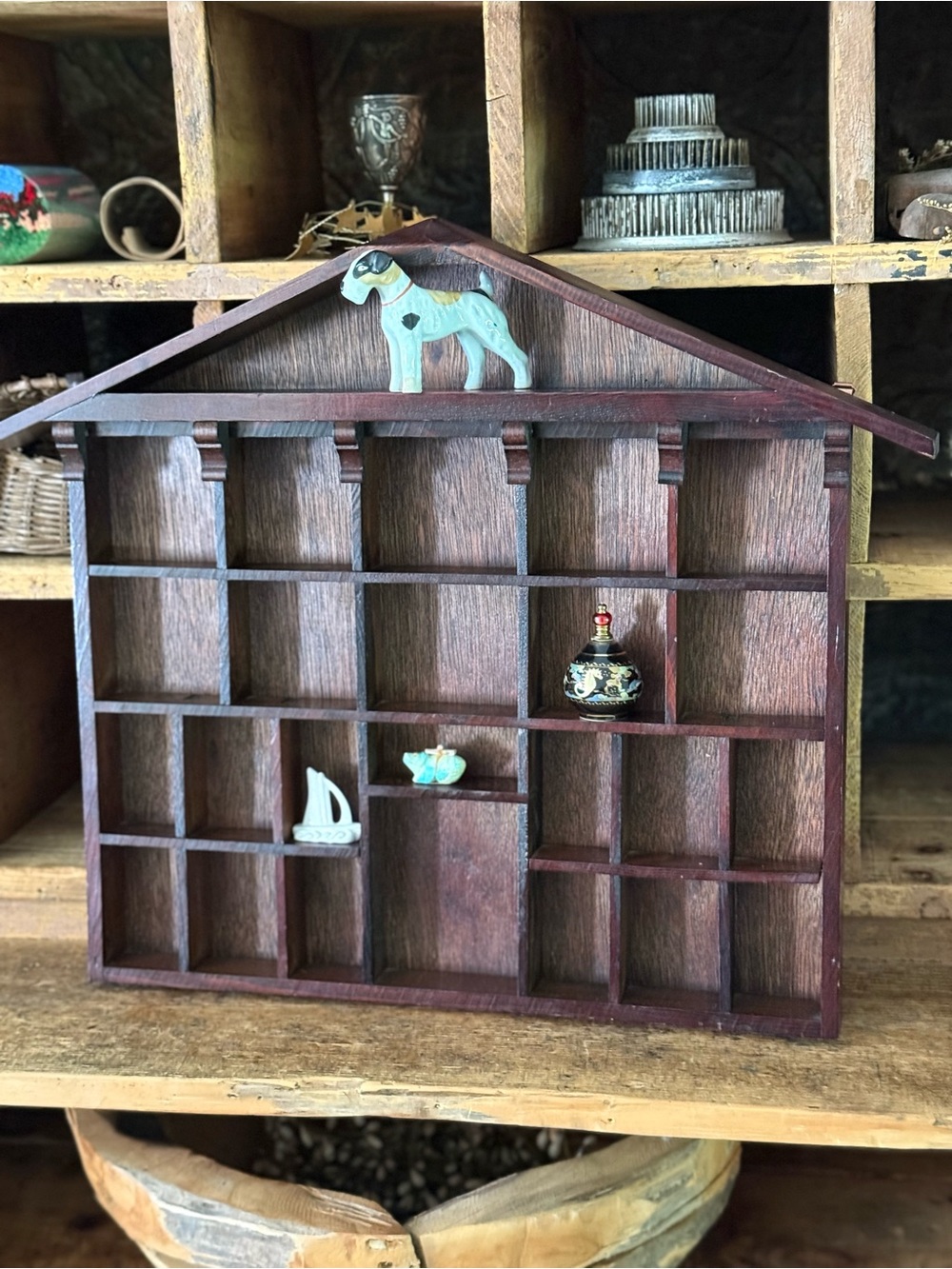 Vintage Dark Wood House Shape Trinket Tray Collectibles Miniature Tray Display